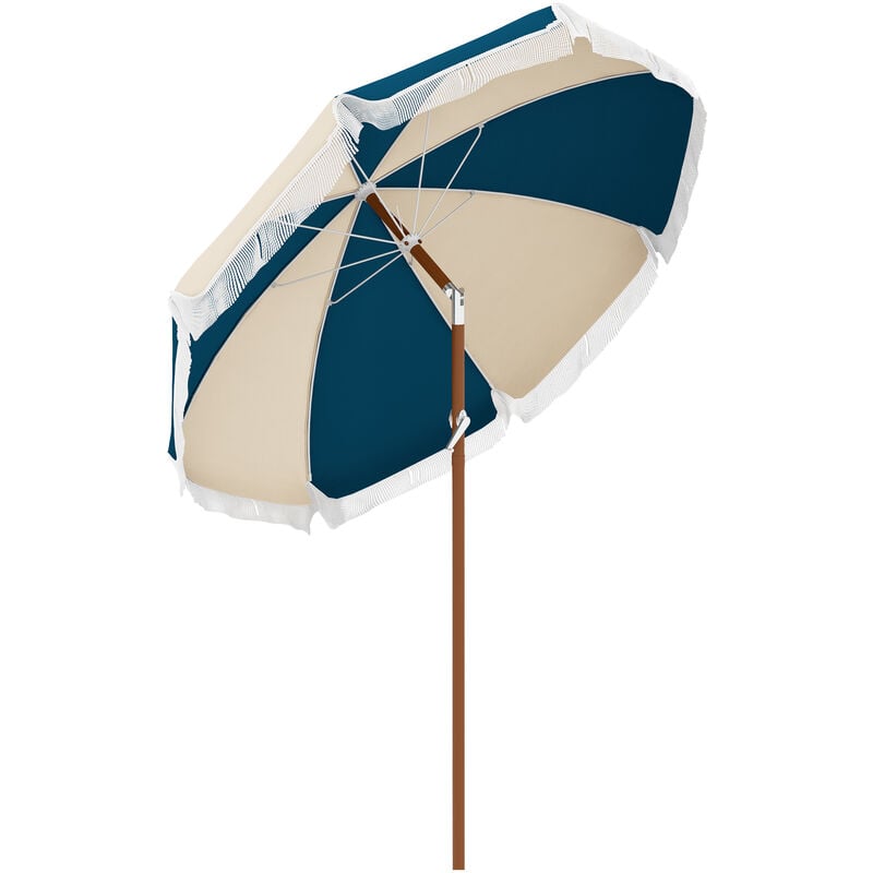 Parasol inclinable de jardin ø 213 cm style vintage franges bleu beige - Beige