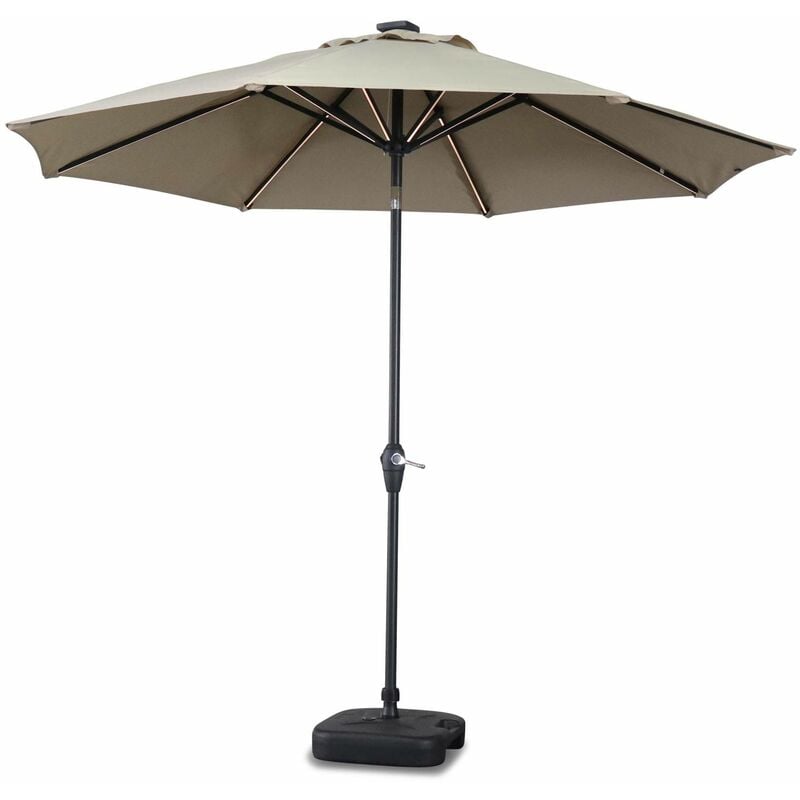 Parasol LED rond Ø 2,7m - Helios Beige - Parasol à mât central avec lumière intégrée et manivelle d'ouverture