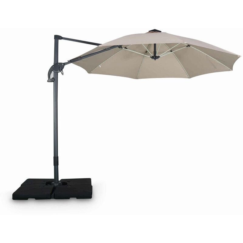 Parasol led déporté rond Ø300 cm – Dinard – Beige – parasol exporté, inclinable, rabattable et rotatif à 360°, baleines en fibre de verre