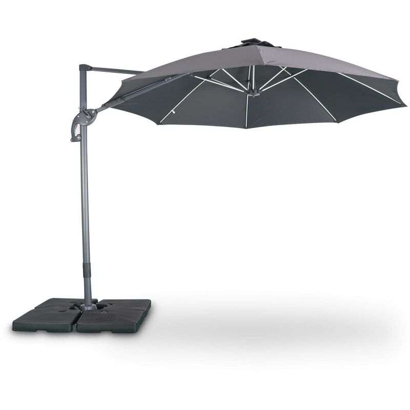 Parasol led déporté rond Ø300 cm – Dinard – gris – parasol exporté, inclinable, rabattable et rotatif à 360°, baleines en fibre de verre