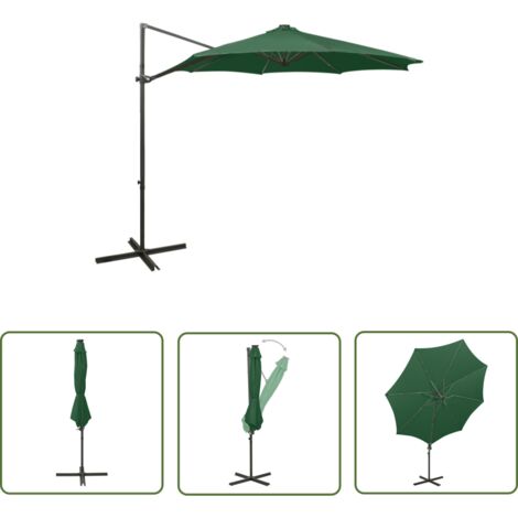 Parasol meuble de jardin déporté avec mât et lumières led 300 cm vert