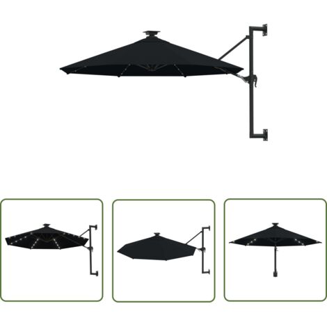 Parasol mural avec mât métallique et LED 300cm Noir