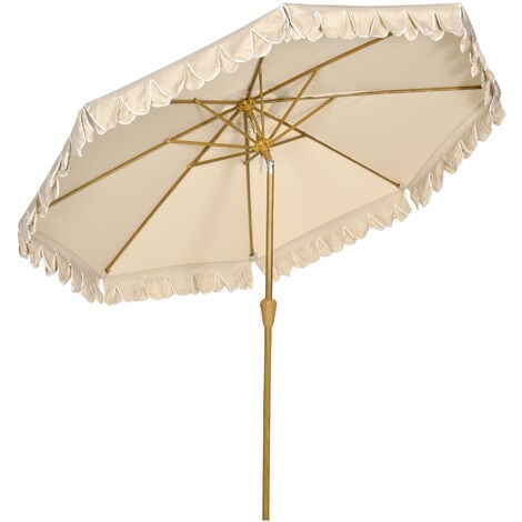 Parasol octogonal inclinable Ø 2,64 x 2,4H m mât acier aspect bois polyester haute densité 180 g/m² beige