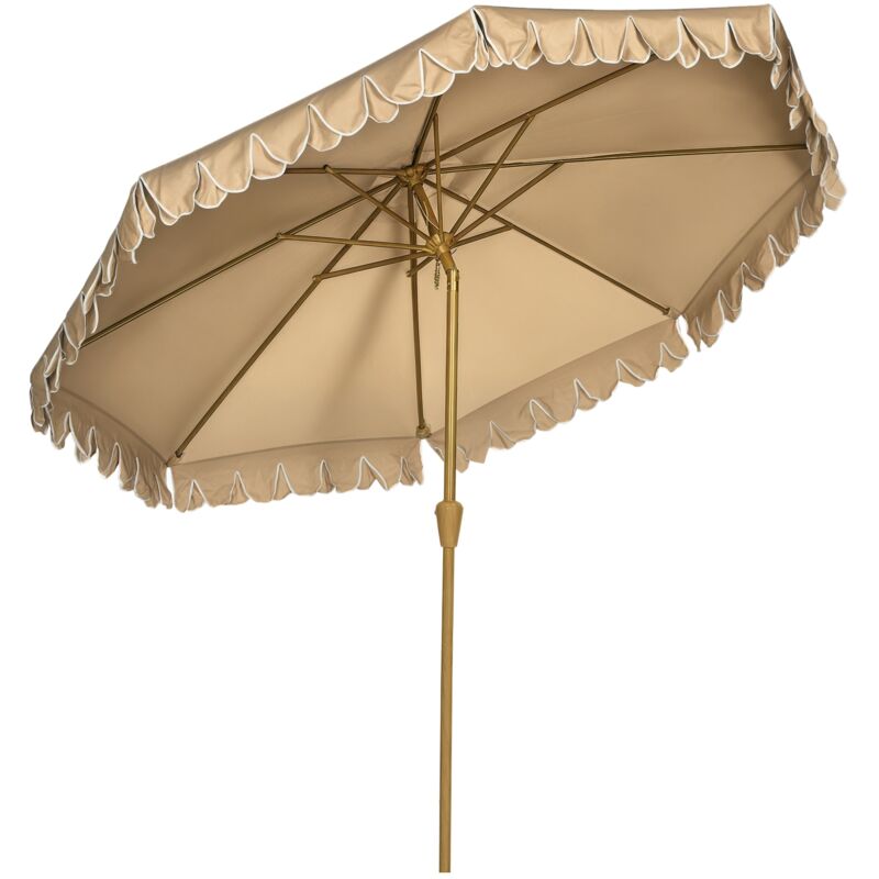 Parasol octogonal inclinable ø 2,64 x 2,4H m mât acier aspect bois polyester haute densité 180 g/m² beige