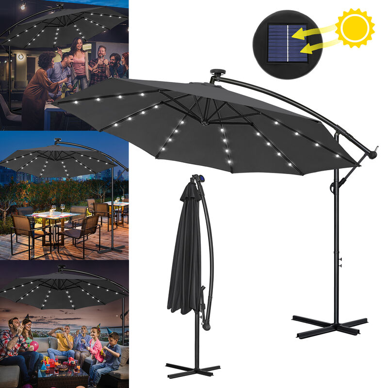 Parasol Parasol Parapluie balcon Ø350cm Parasol de jardin à manivelle, led solaire, parasol de terrasse (gris foncé) Hengmei
