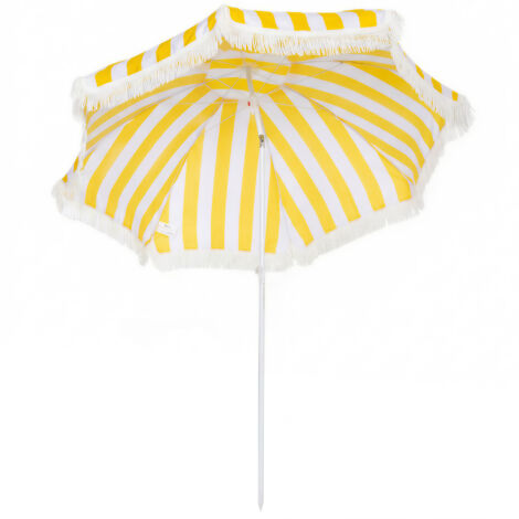Parasol plage franges Ø180 cm, hauteur réglable inclinaison 30°, jaune/blanc