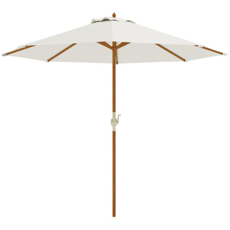 Parasol rond Ø 2,7 x 2,5 m pour terrasse, manivelle, mât bois, toile beige 180 g/m²
