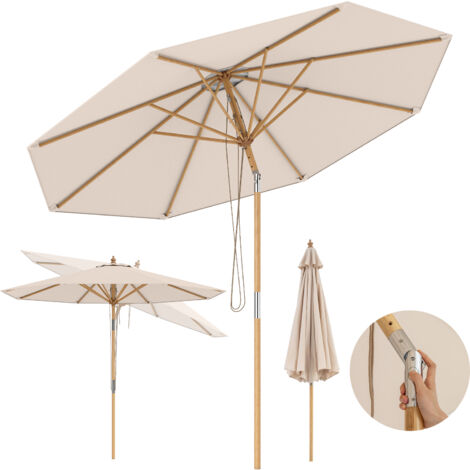 Parasol Rond 280 cm, Parasol de Table de Marché en Bambou avec Inclinaison à Bouton-Poussoir, 8 Baleines, Hauteur Réglable pour Jardin, Plage, Beige
