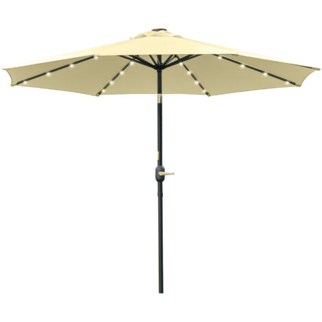 Parasol rond jardin extérieur Ø 265 cm LED solaire inclinable mât acier 8 baleines beige
