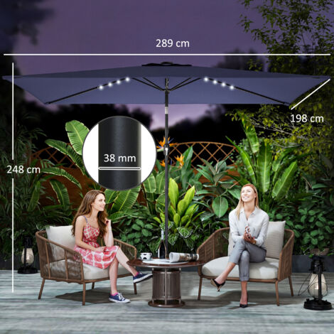 Parasol solaire LED, env. 300 x 200 cm, parasol de balcon inclinable avec manivelle, housse de protection, protection UV, orientable, bleu marine
