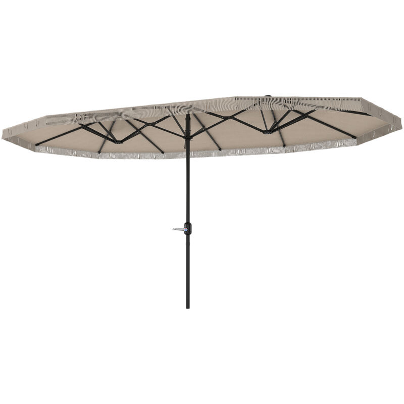 Parasol style bohème à franges xxl dim. 4,5 x 2,65 x 2,6 m ouverture fermeture manivelle métal tissu beige clair