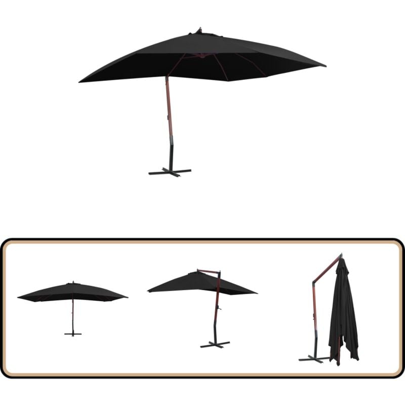 Parasol suspendu avec mât en bois 400x300 cm Noir - Parasol Suspendu - Parasol Exterieur - Parasol Bois - Parasol Noir - Parasol Grand Format