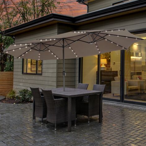 Parasol Terrasse Double Face 4,70m 48 LED Solaire Automatique Manivelle Café CWXT7299 DESIGN IN