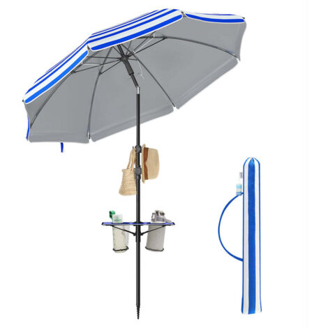 Parasol upf 50+ inclinaison de 30° des 2 côtés hauteur réglable petite tablette crochets adapté pour plage jardin sans base