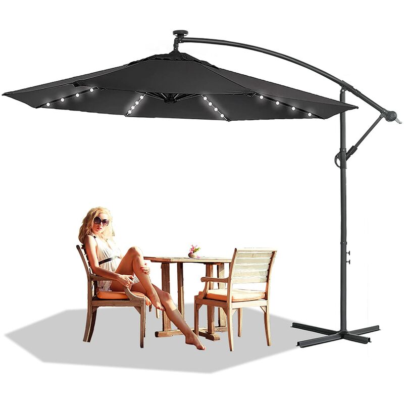 Parasols en aluminium Parasol de jardin avec protection solaire UV40 + parasols à manivelle réglables en hauteur (Ø300 cm avec led, gris foncé) Naizy