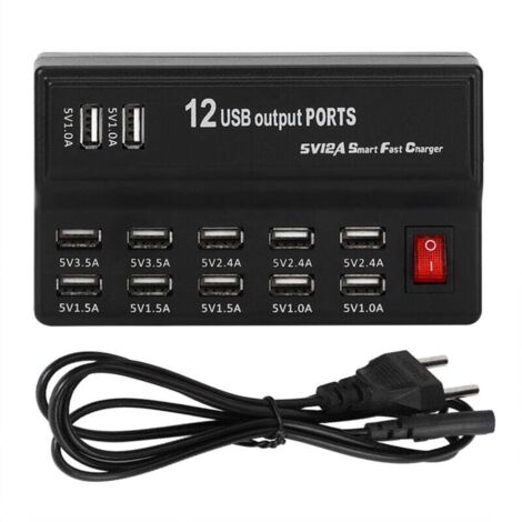 Parasurtenseur 12 Ports Multiples avec Chargeur Rapide Station USB 100-240V Concentrateur de Charge USB International avec Cordon et cosse Plate pour appareils Multiples(UE)