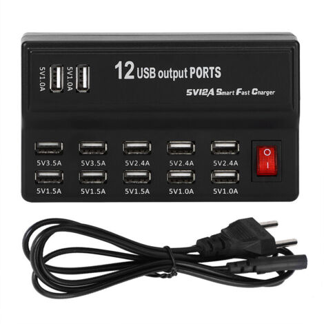 Parasurtenseur 12 Ports Multiples avec Chargeur Rapide Station USB 100-240V Concentrateur de Charge USB International avec Cordon et cosse Plate pour appareils Multiples(UE)