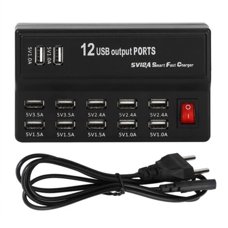 Parasurtenseur 12 Ports Multiples avec Chargeur Rapide Station USB 100-240V Concentrateur de Charge USB International avec Cordon et cosse Plate pour appareils Multiples(UE)