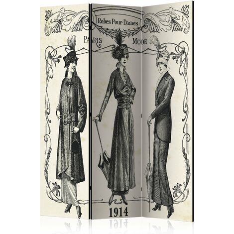 Paravent 3 volets panneaux cloison séparateur de pièce pliable recto verso robe vintage 1914 135x172 cm - noir