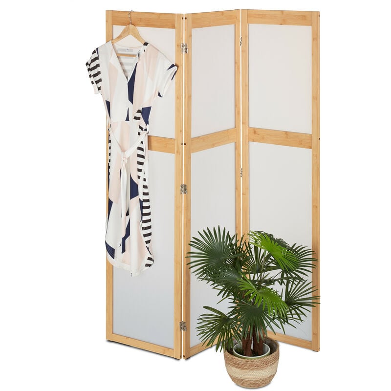 Paravent à 3 volets, pliable, plastique et bambou, h x l : 168 x 135,5 cm, pour intérieur, nature & blanc - Relaxdays
