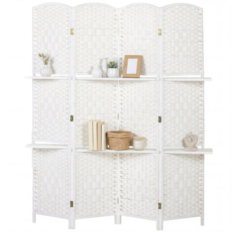 Paravent 4 panneaux en bois  160 x 170 cm  2 étagères intégrées  Pliable  Cloison pour salon et bureau