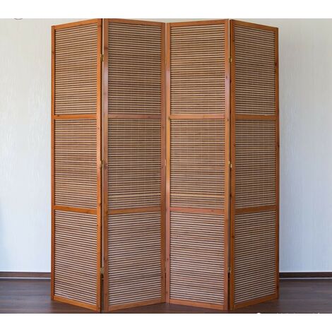 Paravent 4 panneaux marron en bois et bambou 172x200 cm - marron