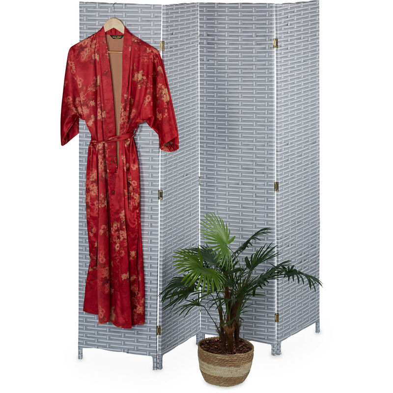 Paravent à 4 volets, brise-vue pliable, plastique et bois, h x l : 170 x 160 cm, pour intérieur, gris & blanc - Relaxdays