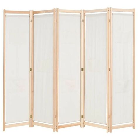 Paravent 5 volets bois et tissu blanc Karen
