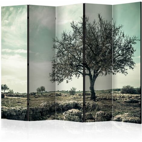 Paravent 5 Volets Design Arbre Vintage pour Décoration - Gris et Bleu