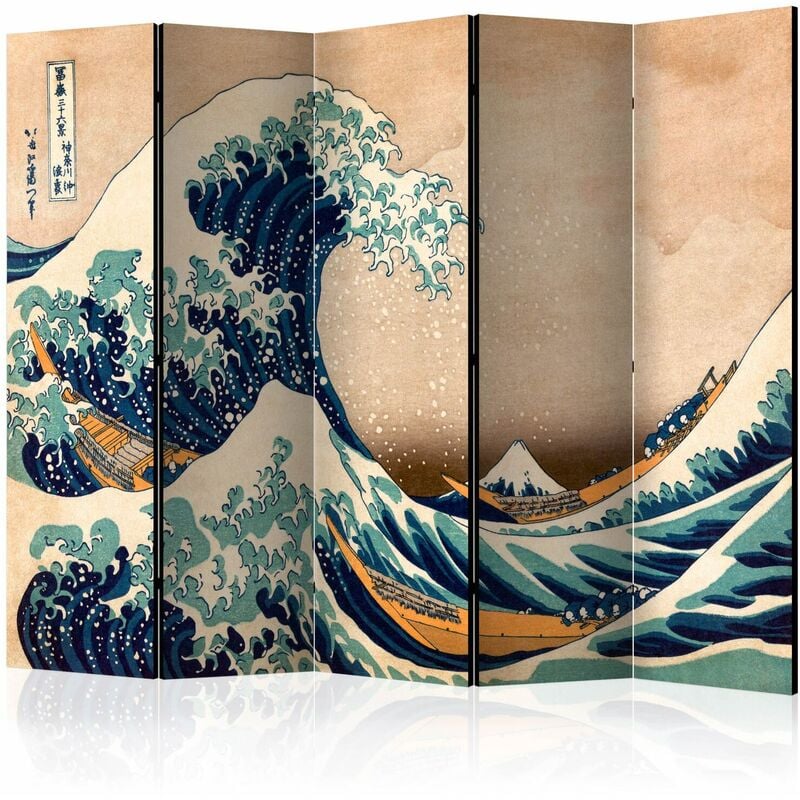 Artgeist - Paravent 5 volets Hokusai: La Grande Vague de Kanagawa ii - Blanc et Orange - Blanc et Orange