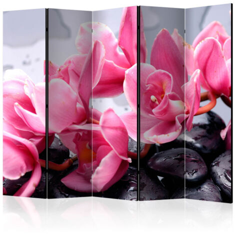 Paravent 5 Volets "Orchid Flowers with Zen Stones" 172x225cm