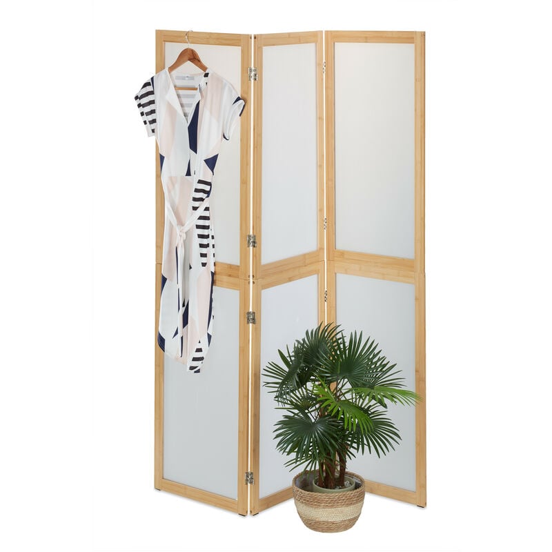 Paravent à 3 volets, pliable, plastique et bambou, h x l : 180 x 136,5 cm, pour intérieur, nature et blanc - Relaxdays