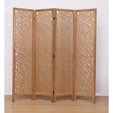 Paravent ajouré, séparateur de pièce en bois avec motifs feuille, 4 pans coloris brun clair - Hauteur 170 x longueur 160 cm