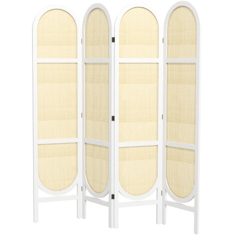 Paravent bois 4 panneaux 170x160 cm pliable portable, motif tissé main blanc