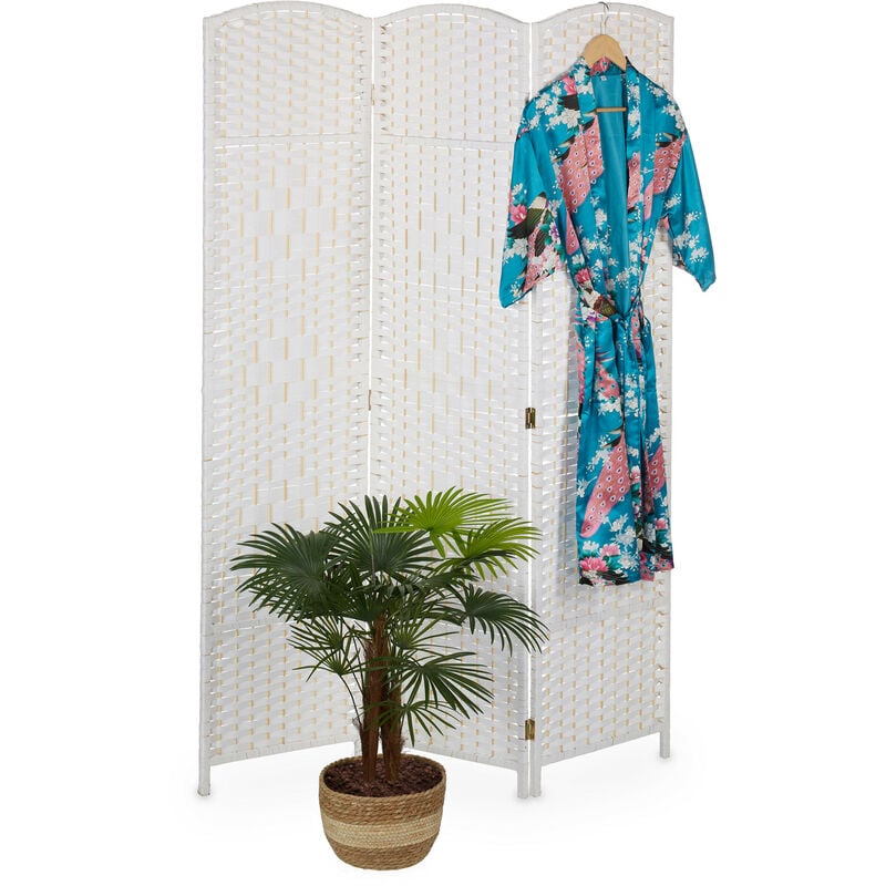 Paravent, bois et corde de papier, brise-vue pliable, 3 volets, h x l : 170 x 120 cm, pour intérieur, blanc - Relaxdays