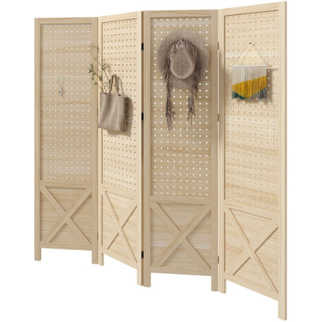 Paravent bois naturel 4 panneaux séparateur pliable perforé 152x1,7x144,5 cm