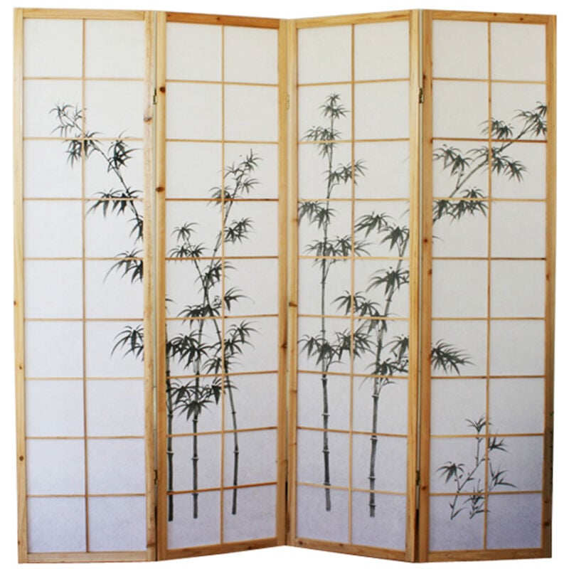 Paravent en bois et bambou coloris naturel avec dessin sombre de 4 pans