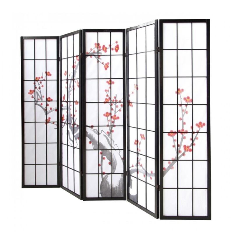 Paravent bois noir avec fleurs de cerisier - 5 pans