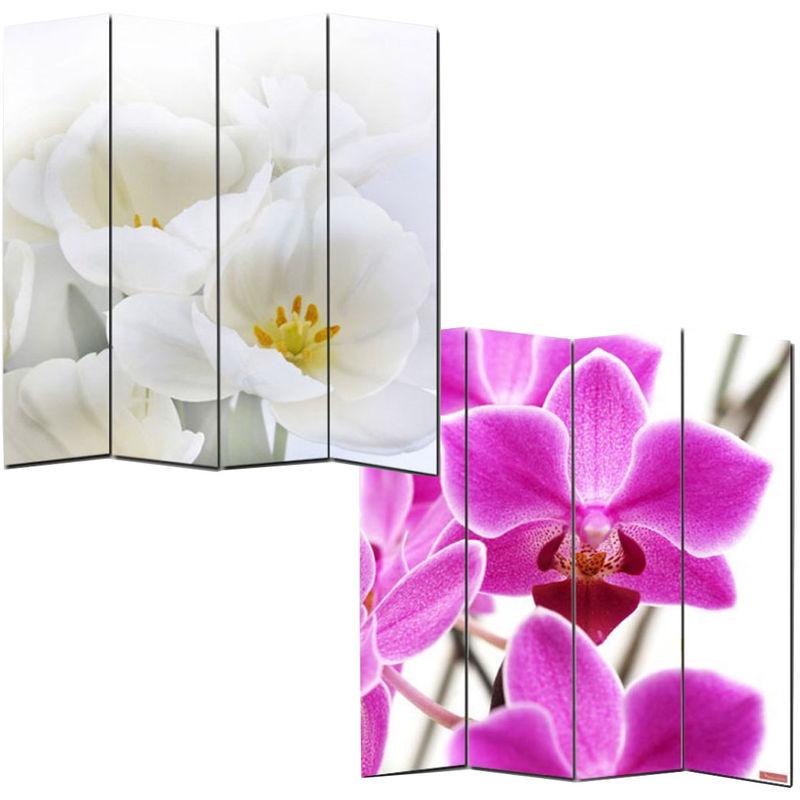 paravent / cloison de séparation m68, 4 pans, 160x180cm, motif orchidée - multicolour