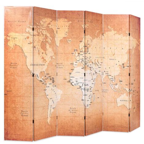 Paravent Cloison de séparation pliable, Pour Jardin, Balcon, Terrasse 228 x 170 cm Carte du monde Jaune OIB8512E