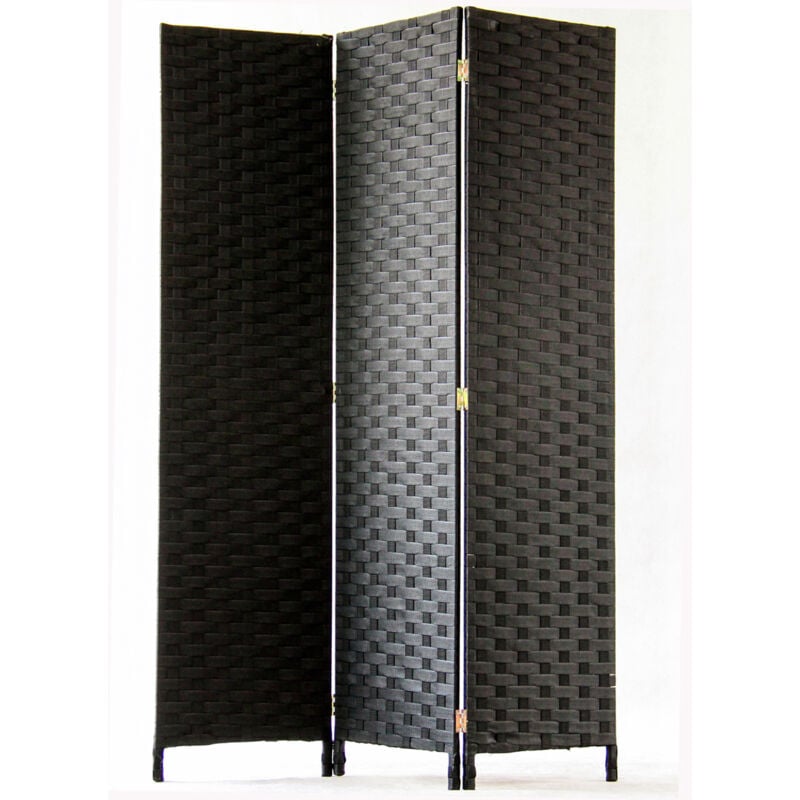 Paravent de 3 pans tressé en fibres synthètiques, coloris noir - Dim : H170 x 120cm