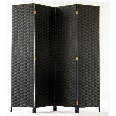 Paravent de 4 pans tressé en fibres naturelles coloris noir - Dim : H180 x L180 cm