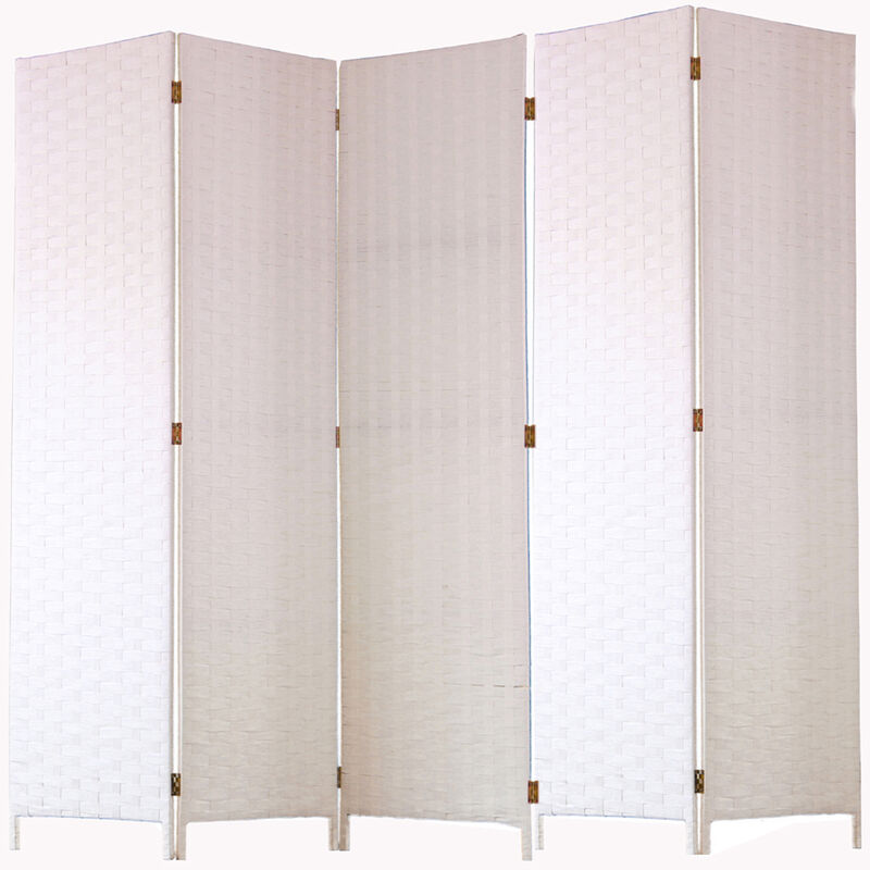 Paravent de 5 pans tressé en Fibres Naturelles Coloris Blanc - Dim : H180 x L225 cm Pegane