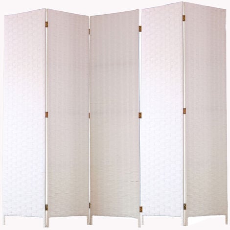 Paravent de 5 pans tressé en Fibres Naturelles Coloris Blanc - Dim : H180 x L225 cm -PEGANE-
