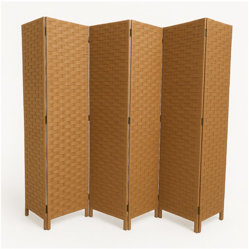 Paravent de 6 pans tressé en fibres naturelles coloris brun - Dim : H180 x L270 cm