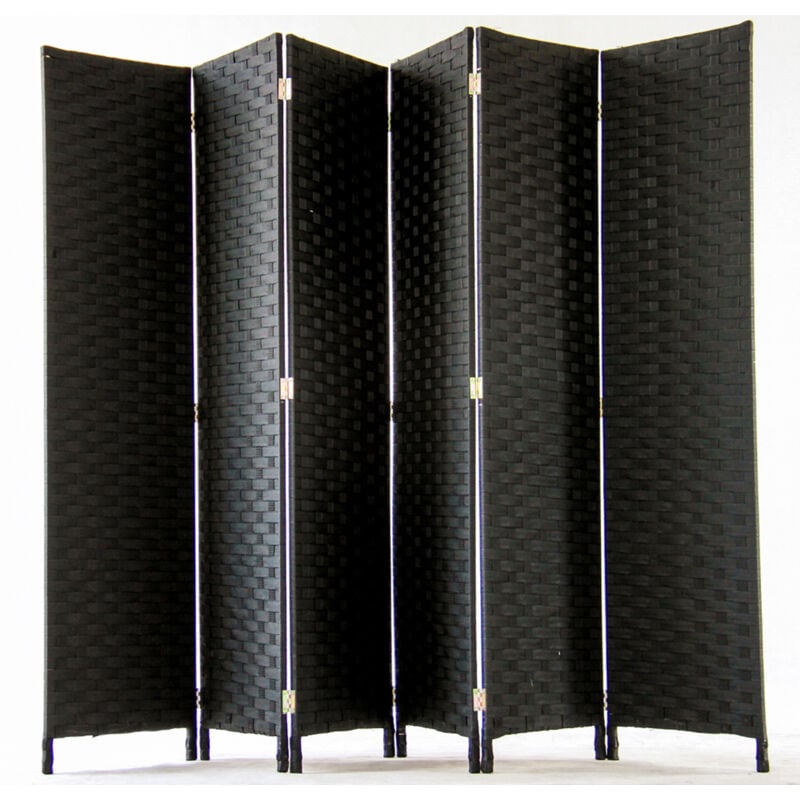 Paravent de 6 pans tressé en fibres naturelles coloris noir - Dim : H180 x L270 cm
