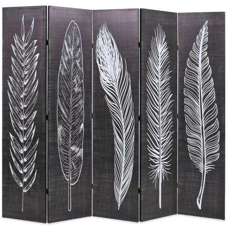 Paravent décoratif imprimé 5 volets bois et tissu noir et blanc Kokko