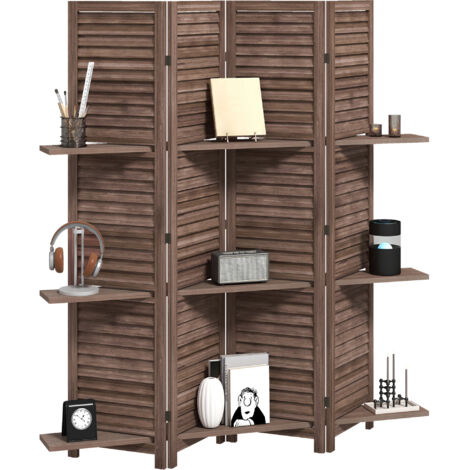 Paravent en bois 4 panneaux 160x170 cm, séparateur pliable avec 3 étagères, noyer