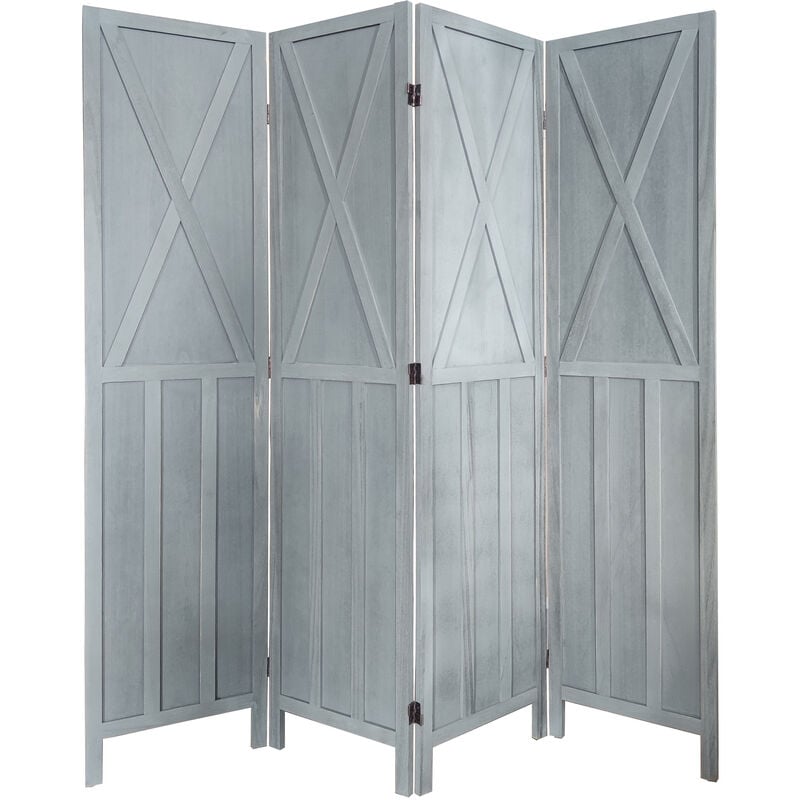 Paravent en bois de 4 pans gris brocante - Hauteur 170 x Longueur 160 cm Pegane