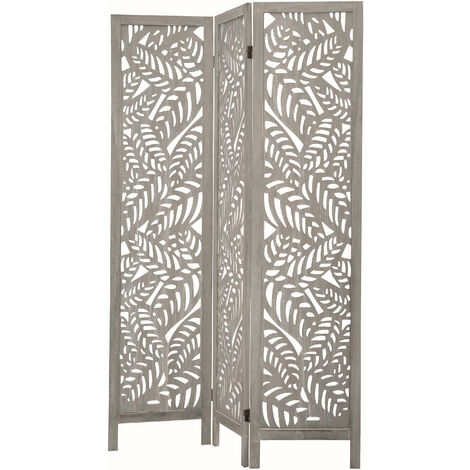 Paravent en bois de pin cérusé gris 170cm – Panneaux rotatifs 360º – Longueur 120cm ouvert – Style tropical décoratif – Herdasa